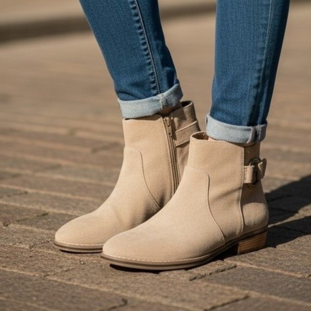 Franco Fortini Womens Tan Suede Ankle Boots Buckle Zip Low Block Heel Size 8